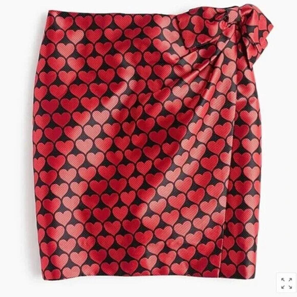 J. Crew Faux Wrap Skirt Jacquard Heart Mini Electric Red Black Bow 0 Lined H2856